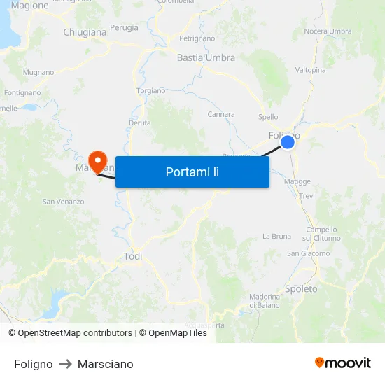 Foligno to Marsciano map