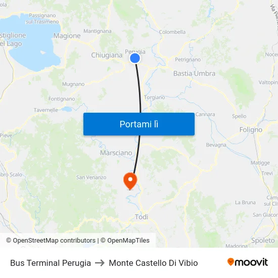 Bus Terminal Perugia to Monte Castello Di Vibio map