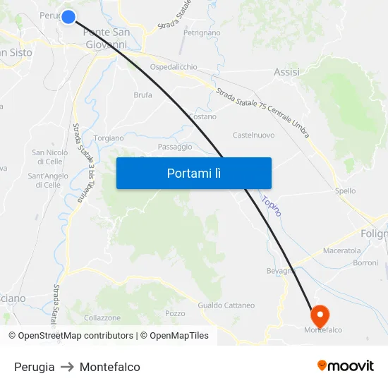Perugia to Montefalco map