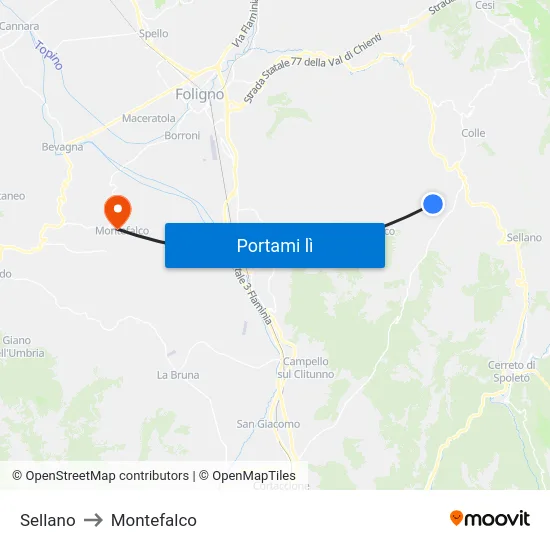 Sellano to Montefalco map