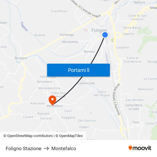 Foligno Stazione to Montefalco map