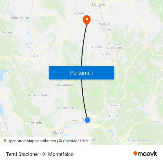 Terni Stazione to Montefalco map