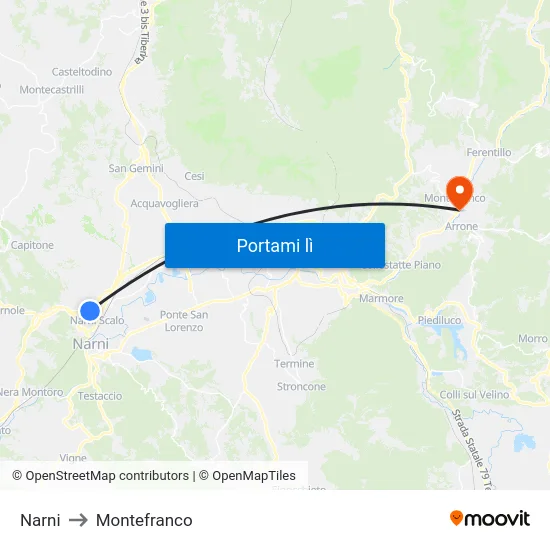 Narni to Montefranco map