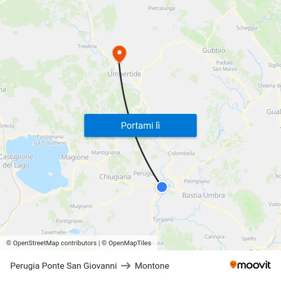 Perugia Ponte San Giovanni to Montone map