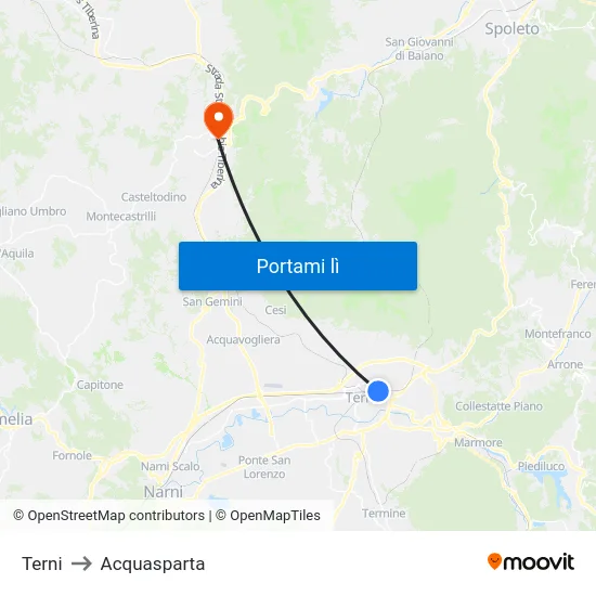 Terni to Acquasparta map