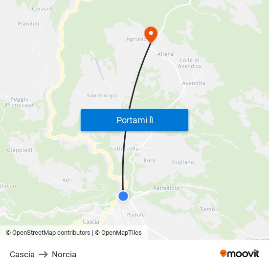 Cascia to Norcia map