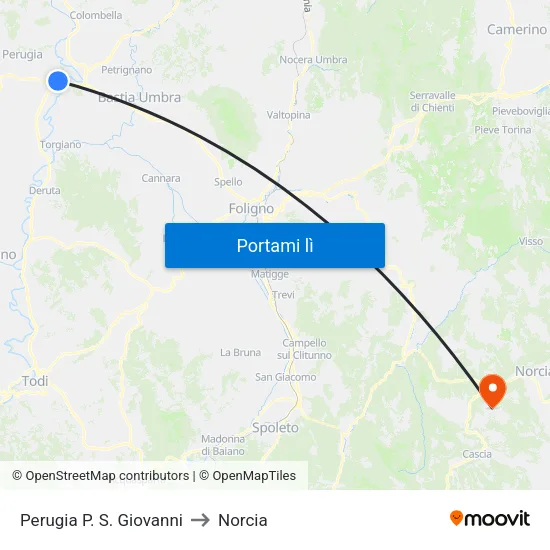 Perugia P. S. Giovanni to Norcia map