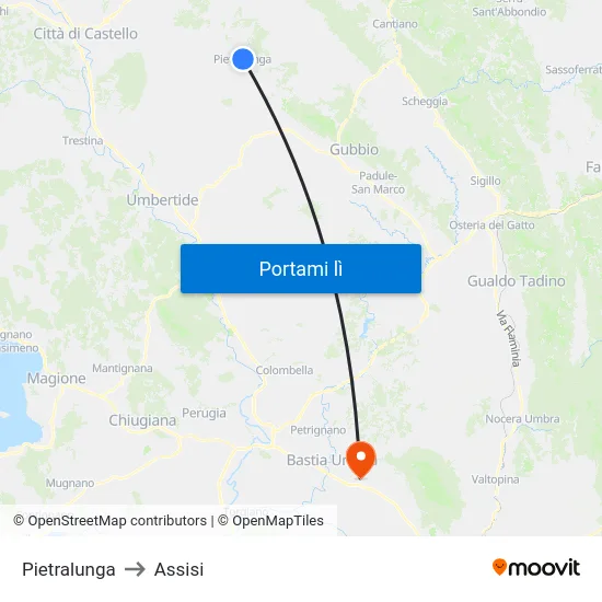 Pietralunga to Assisi map