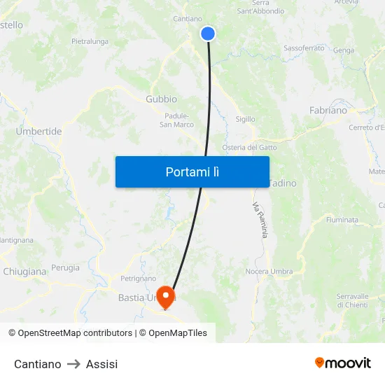 Cantiano to Assisi map