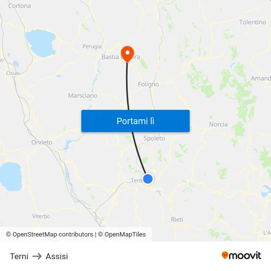 Terni to Assisi map