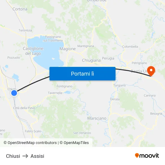 Chiusi to Assisi map