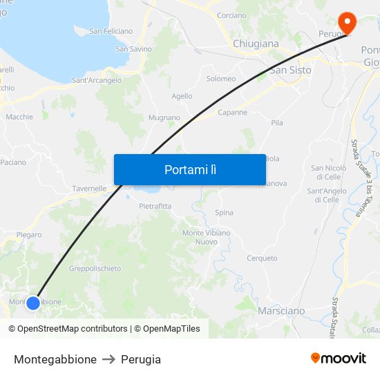 Montegabbione to Perugia map