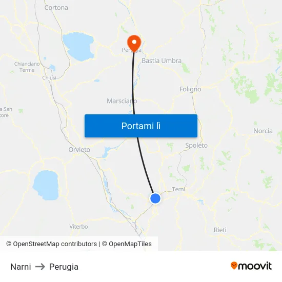 Narni to Perugia map