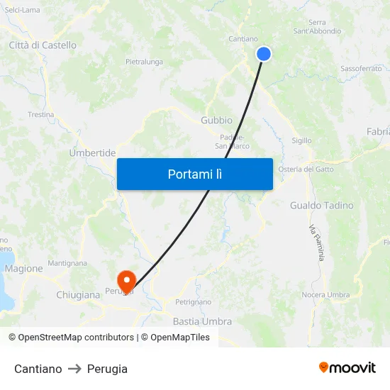 Cantiano to Perugia map