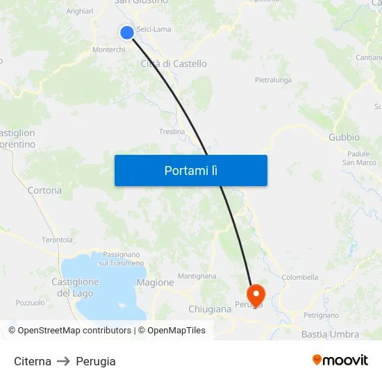 Citerna to Perugia map