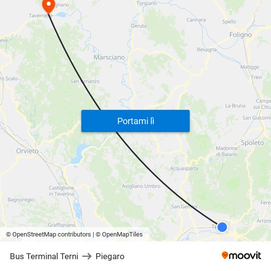 Bus Terminal Terni to Piegaro map