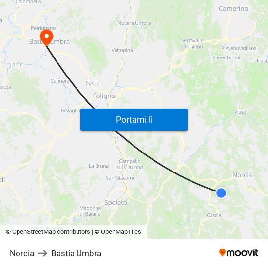 Norcia to Bastia Umbra map