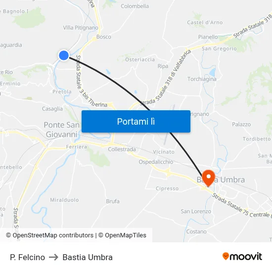 P. Felcino to Bastia Umbra map