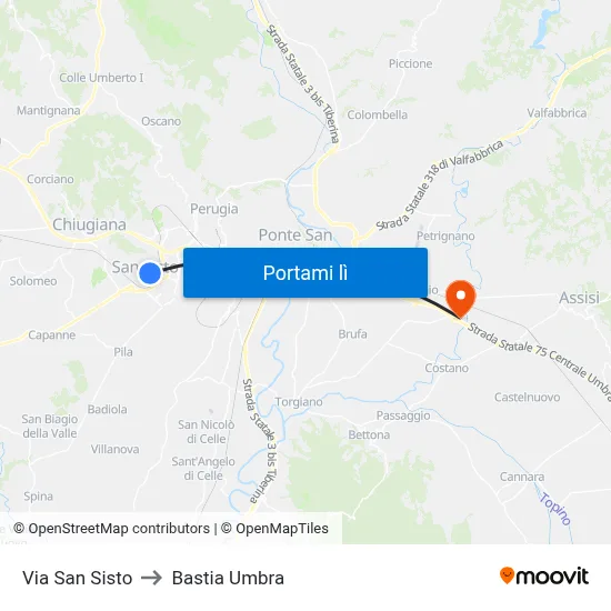 Via San Sisto to Bastia Umbra map