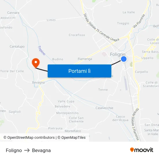 Foligno to Bevagna map