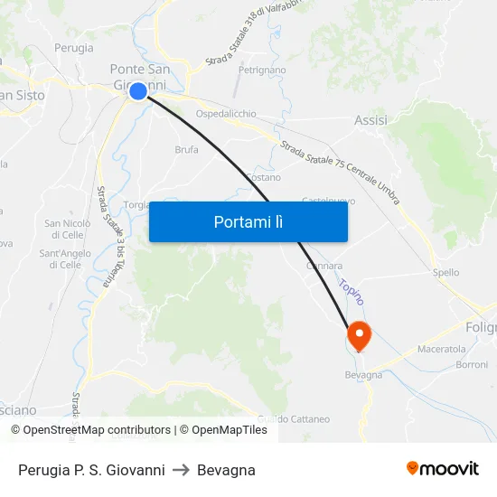 Perugia P. S. Giovanni to Bevagna map