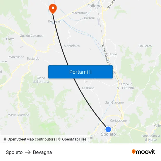 Spoleto to Bevagna map