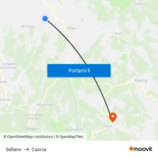 Sellano to Cascia map