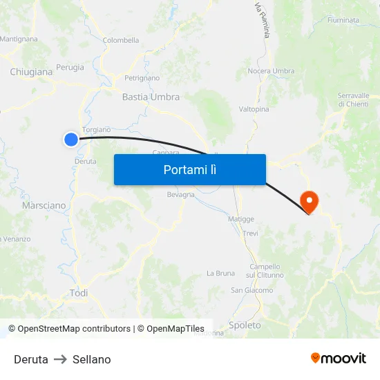 Deruta to Sellano map