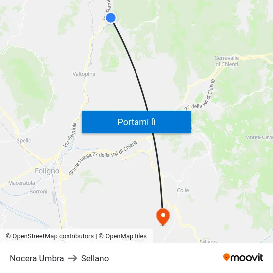 Nocera Umbra to Sellano map