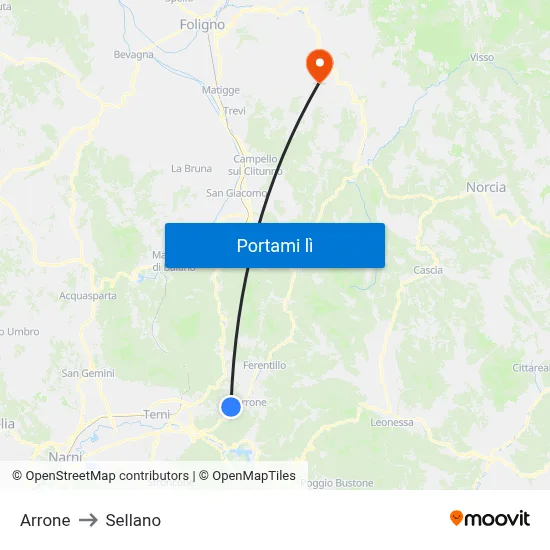 Arrone to Sellano map