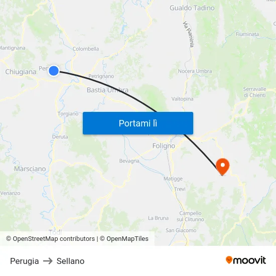 Perugia to Sellano map