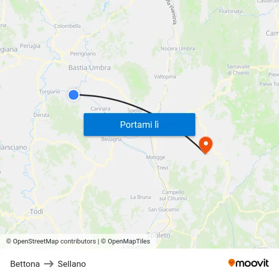 Bettona to Sellano map