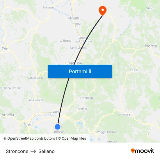 Stroncone to Sellano map