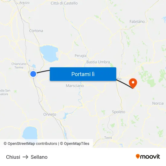 Chiusi to Sellano map
