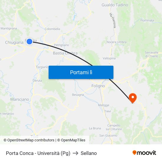 Porta Conca - Università (Pg) to Sellano map