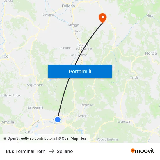 Bus Terminal Terni to Sellano map