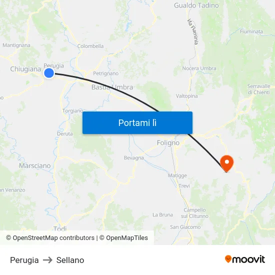 Perugia to Sellano map