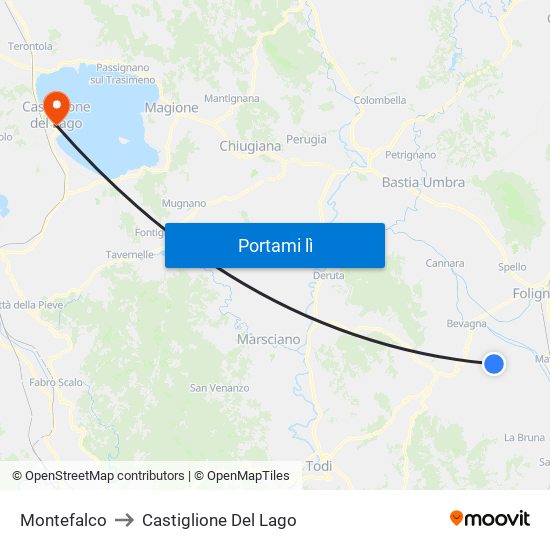 Montefalco to Castiglione Del Lago map