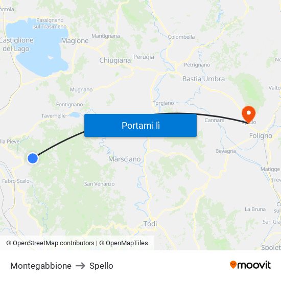 Montegabbione to Spello map