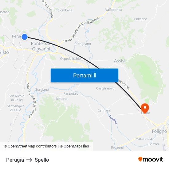 Perugia to Spello map