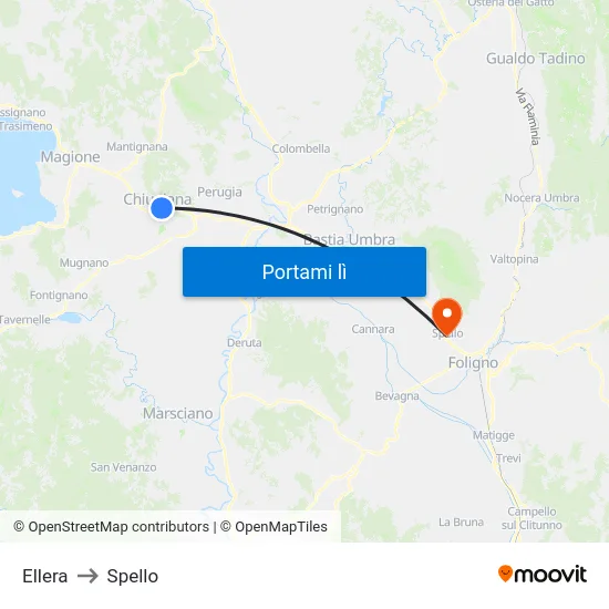 Ellera to Spello map
