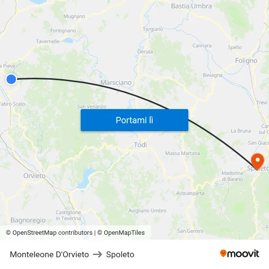 Monteleone D'Orvieto to Spoleto map