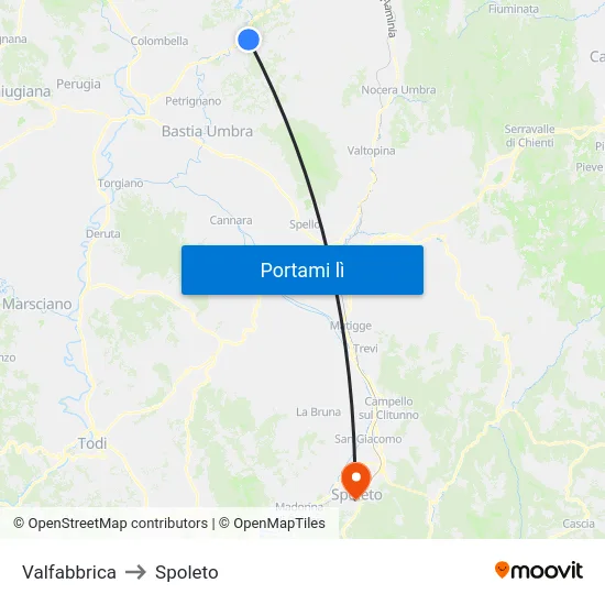 Valfabbrica to Spoleto map