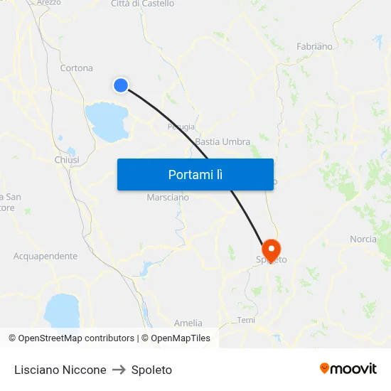 Lisciano Niccone to Spoleto map