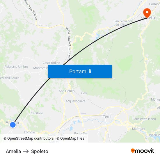 Amelia to Spoleto map