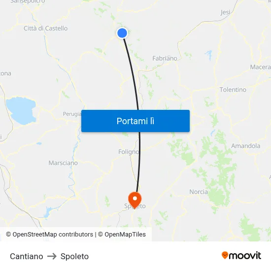 Cantiano to Spoleto map
