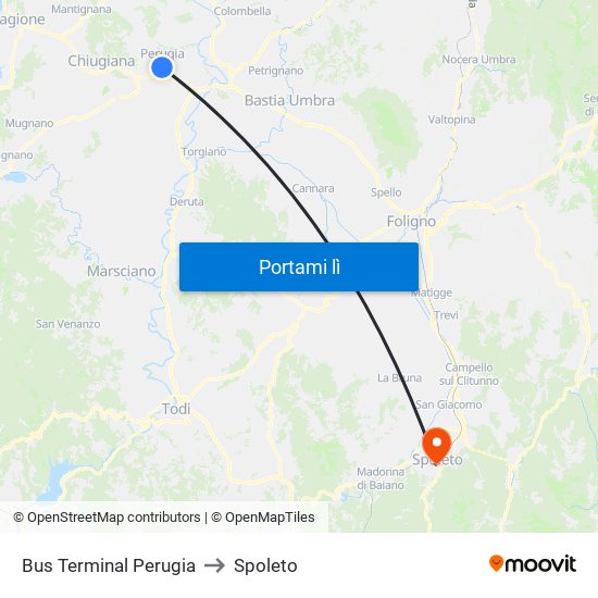 Bus Terminal Perugia to Spoleto map