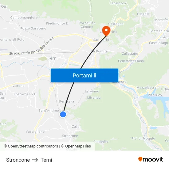 Stroncone to Terni map