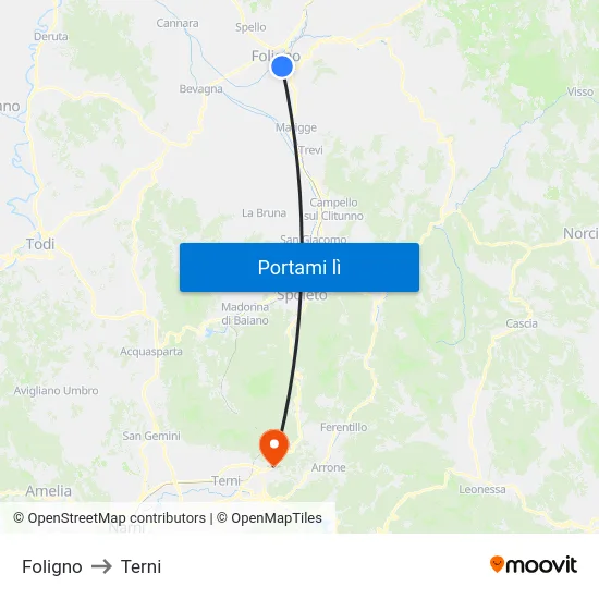 Foligno to Terni map