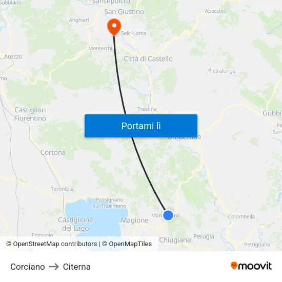 Corciano to Citerna map